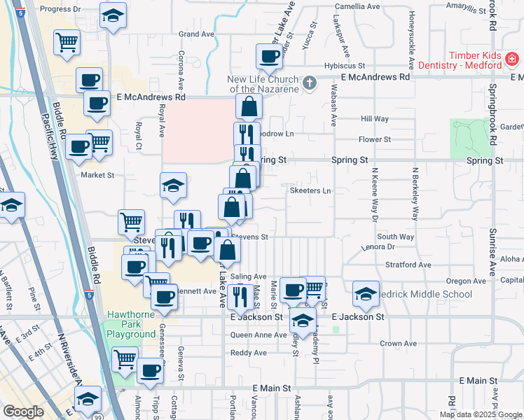 map of restaurants, bars, coffee shops, grocery stores, and more near 700 Crater Lake Avenue in Medford