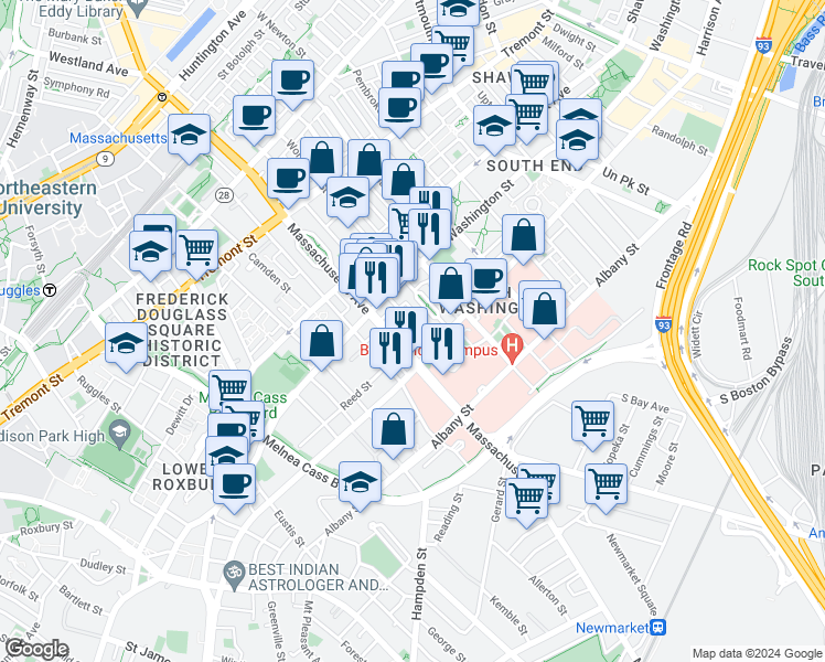 map of restaurants, bars, coffee shops, grocery stores, and more near 668 Massachusetts Avenue in Boston
