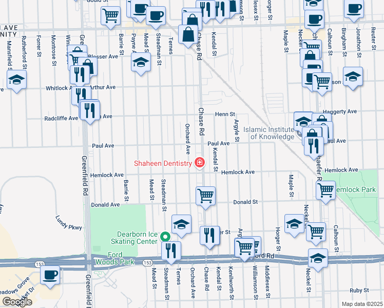 map of restaurants, bars, coffee shops, grocery stores, and more near 6316 Orchard Avenue in Dearborn