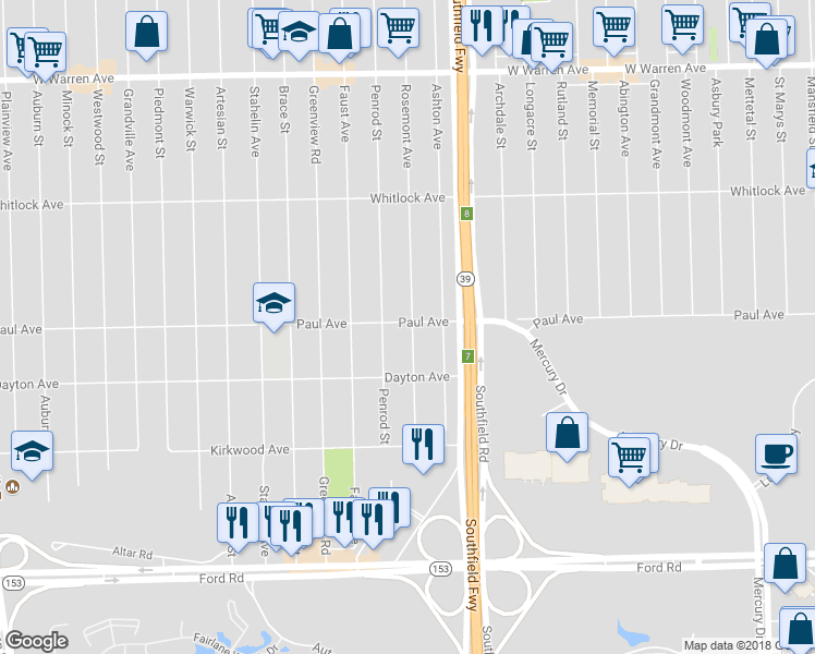 map of restaurants, bars, coffee shops, grocery stores, and more near 6267 Rosemont Avenue in Detroit