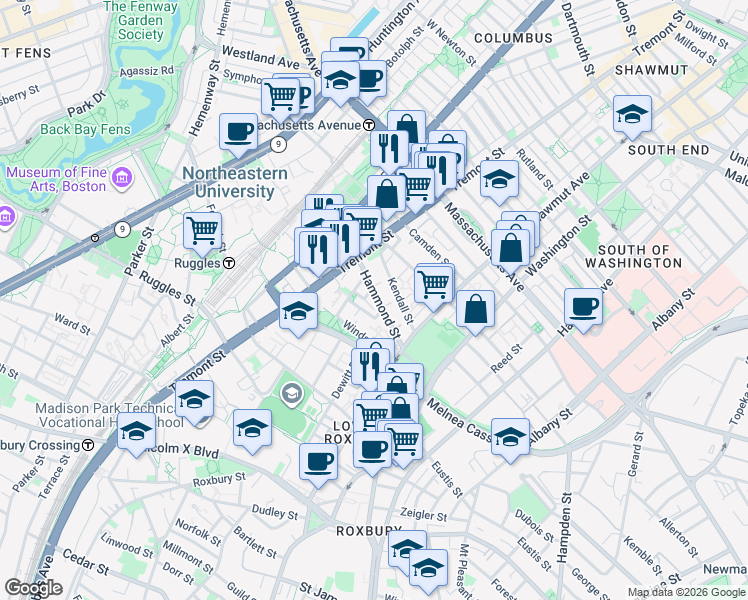 map of restaurants, bars, coffee shops, grocery stores, and more near 68 Hammond Street in Boston