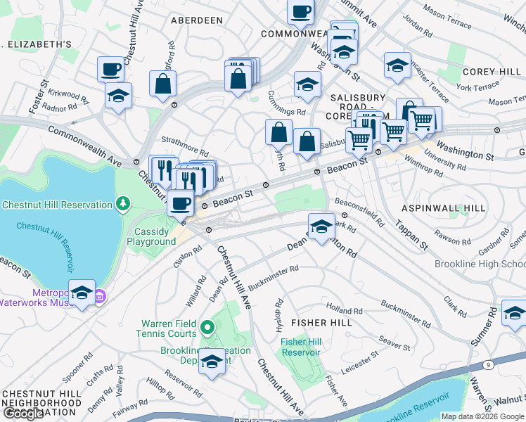 map of restaurants, bars, coffee shops, grocery stores, and more near in Brookline