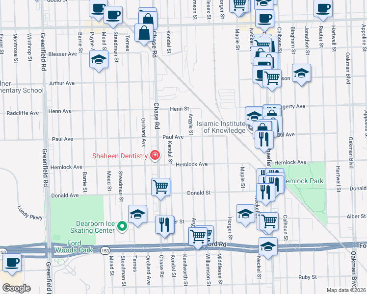 map of restaurants, bars, coffee shops, grocery stores, and more near 6306 Kenilworth Street in Dearborn