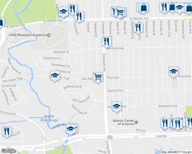 map of restaurants, bars, coffee shops, grocery stores, and more near 6307 Vaughan Street in Detroit