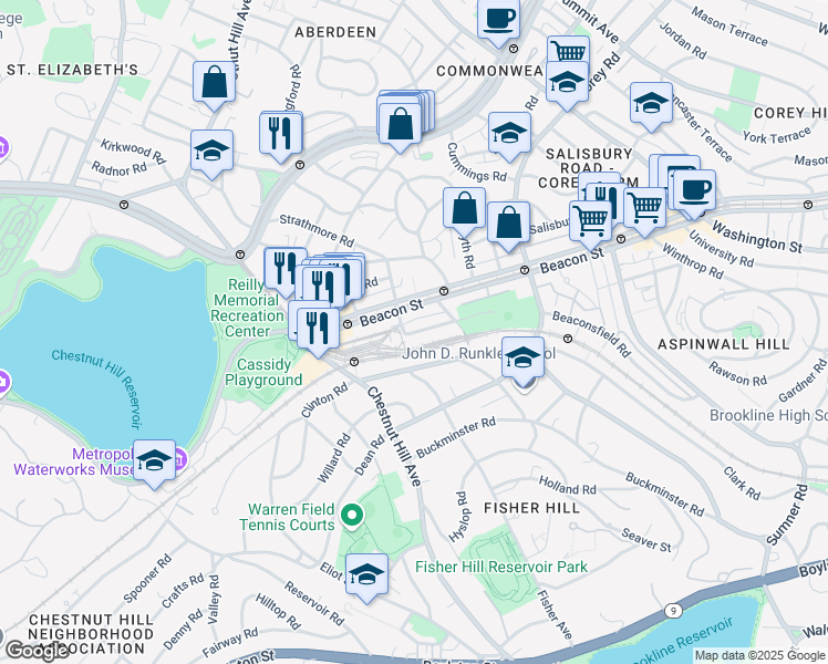 map of restaurants, bars, coffee shops, grocery stores, and more near 19 Strathmore Road in Brookline