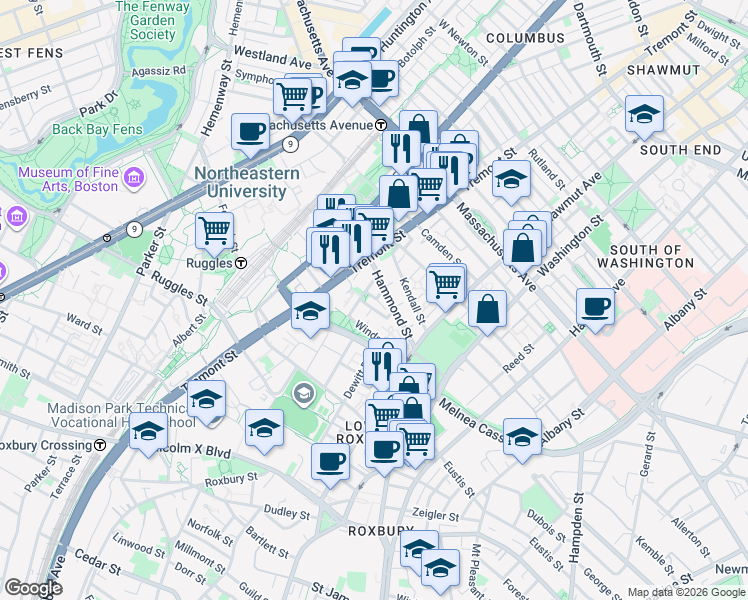map of restaurants, bars, coffee shops, grocery stores, and more near 10 Sussex Street in Boston
