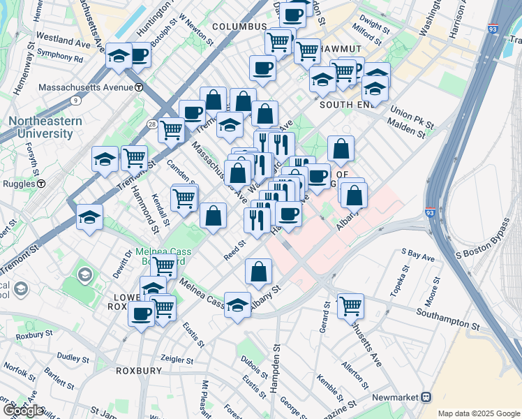 map of restaurants, bars, coffee shops, grocery stores, and more near 668 Massachusetts Avenue in Boston