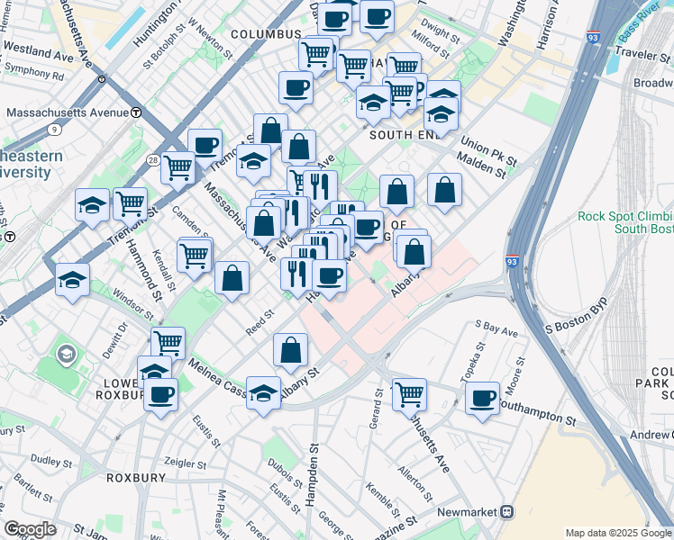 map of restaurants, bars, coffee shops, grocery stores, and more near Harrison Ave & Worcester Square in Boston