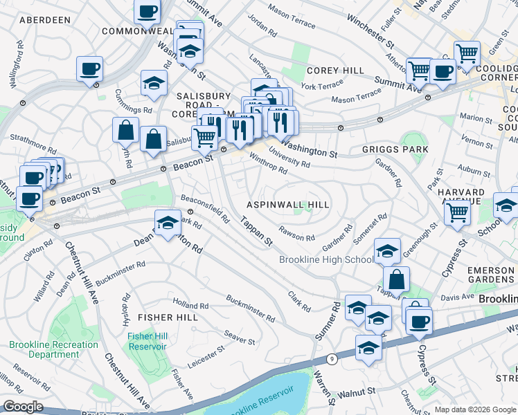 map of restaurants, bars, coffee shops, grocery stores, and more near 189 Rawson Road in Brookline