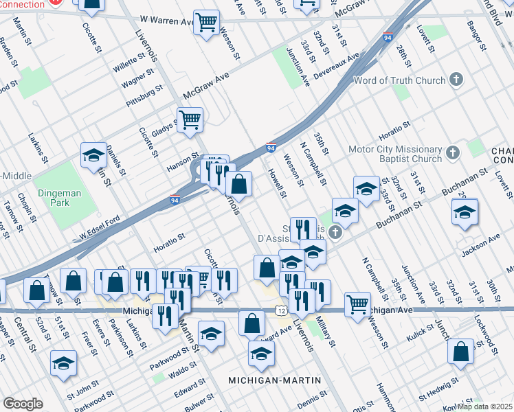 map of restaurants, bars, coffee shops, grocery stores, and more near 6201 Horatio Street in Detroit