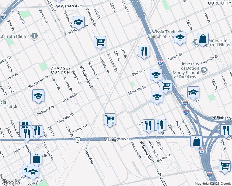 map of restaurants, bars, coffee shops, grocery stores, and more near 3745 McKinley Street in Detroit