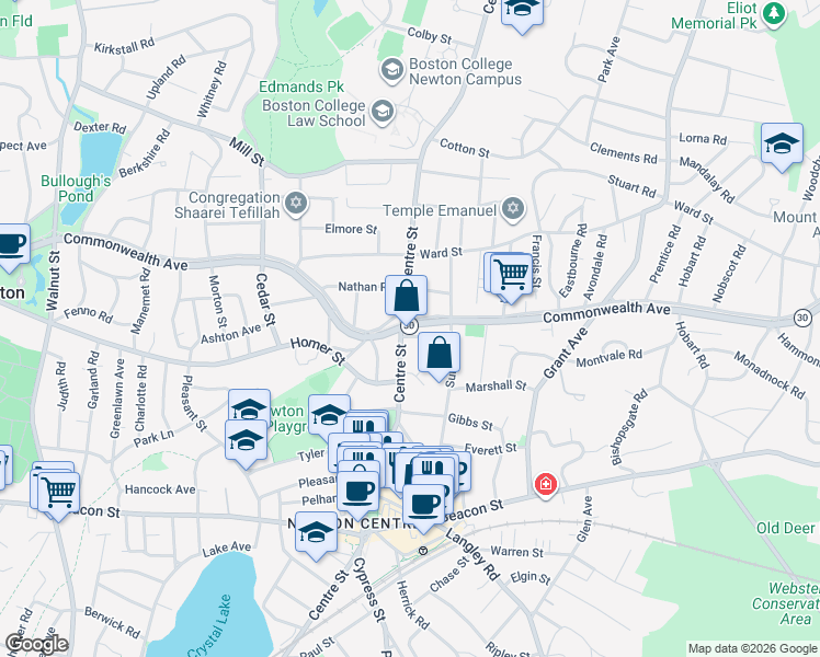 map of restaurants, bars, coffee shops, grocery stores, and more near 634 Commonwealth Avenue in Newton