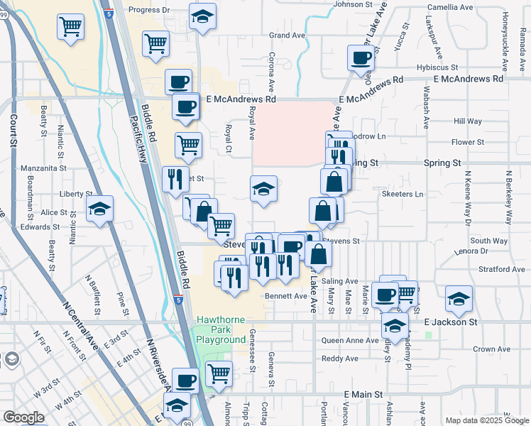 map of restaurants, bars, coffee shops, grocery stores, and more near 650 Royal Avenue in Medford