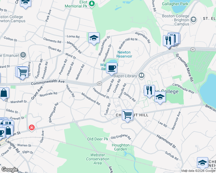 map of restaurants, bars, coffee shops, grocery stores, and more near 97 Manet Road in Newton