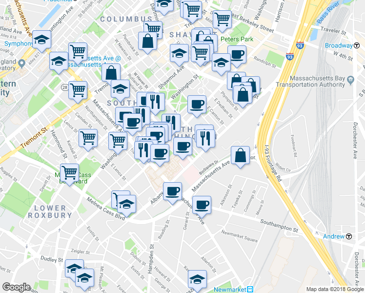 map of restaurants, bars, coffee shops, grocery stores, and more near 78 East Concord Street in Boston