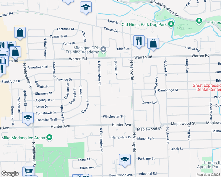 map of restaurants, bars, coffee shops, grocery stores, and more near 6790 Emily Court in Westland