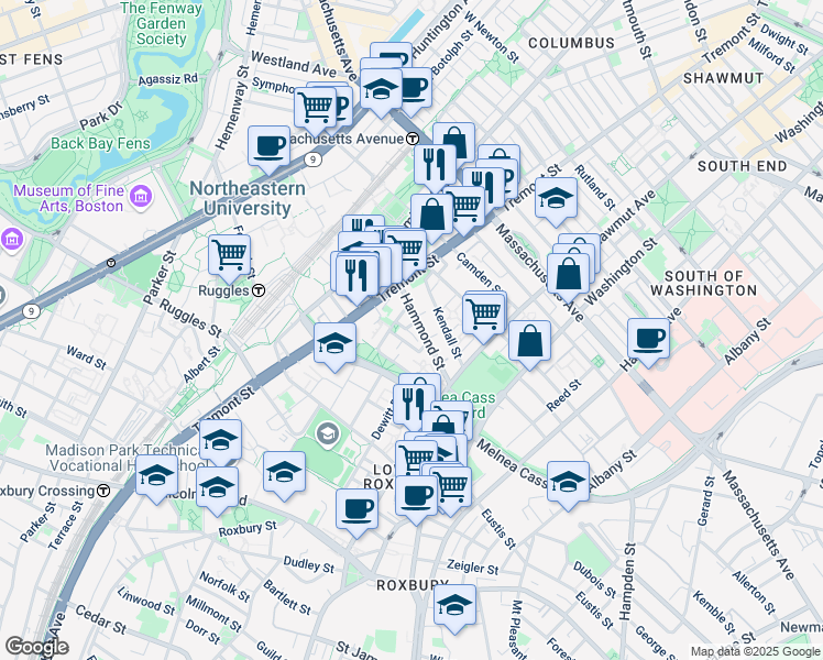 map of restaurants, bars, coffee shops, grocery stores, and more near 10 Sussex Street in Boston