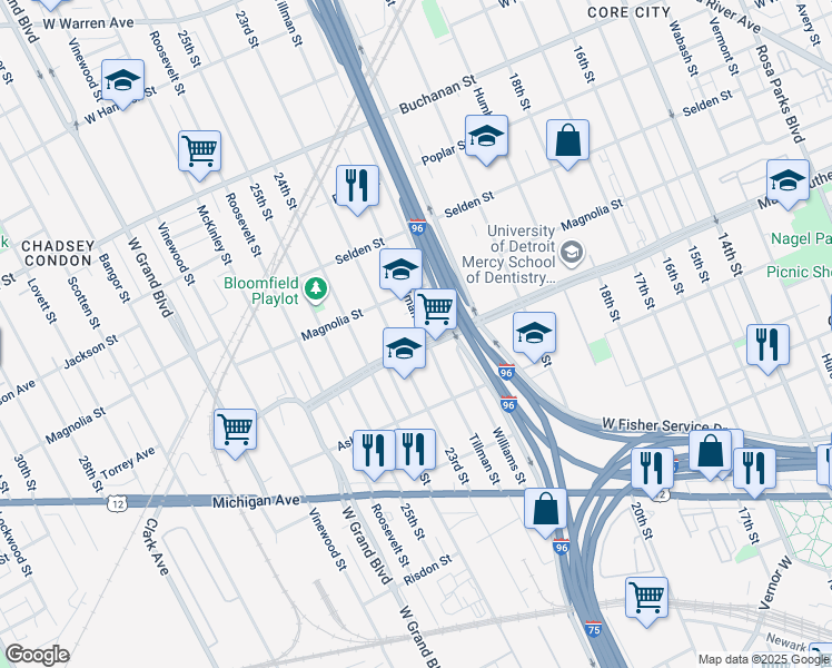 map of restaurants, bars, coffee shops, grocery stores, and more near 3529 Tillman Street in Detroit