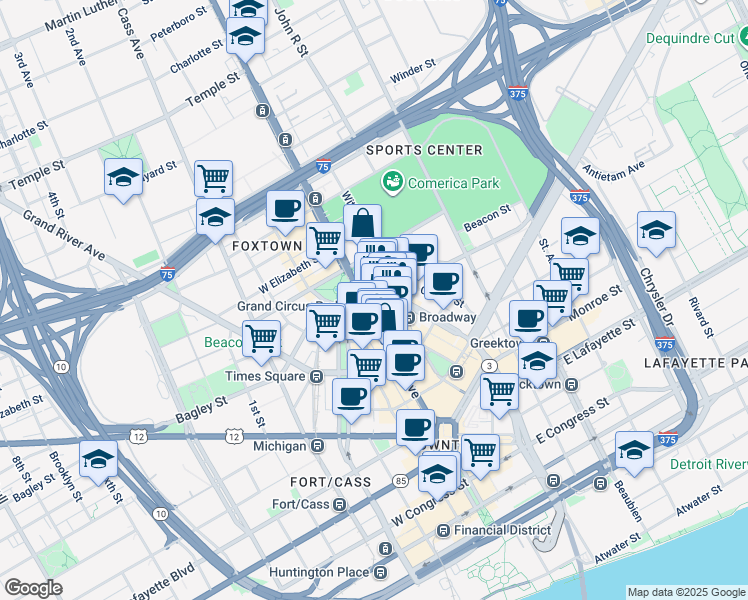 map of restaurants, bars, coffee shops, grocery stores, and more near 10 Witherell Street in Detroit