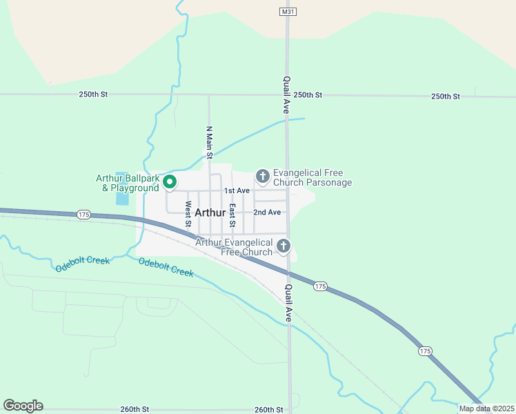 map of restaurants, bars, coffee shops, grocery stores, and more near 301 2nd Avenue in Arthur