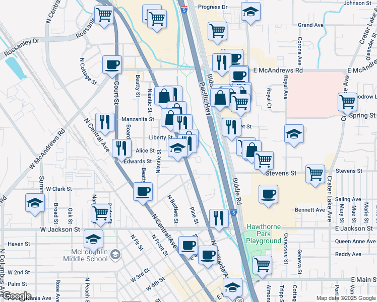 map of restaurants, bars, coffee shops, grocery stores, and more near 906 North Riverside Avenue in Medford