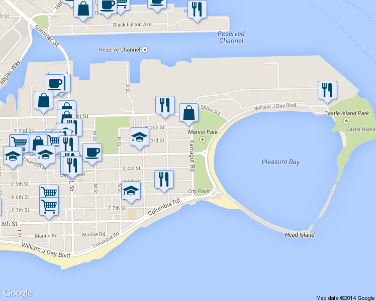 map of restaurants, bars, coffee shops, grocery stores, and more near 65 Farragut Road in Boston