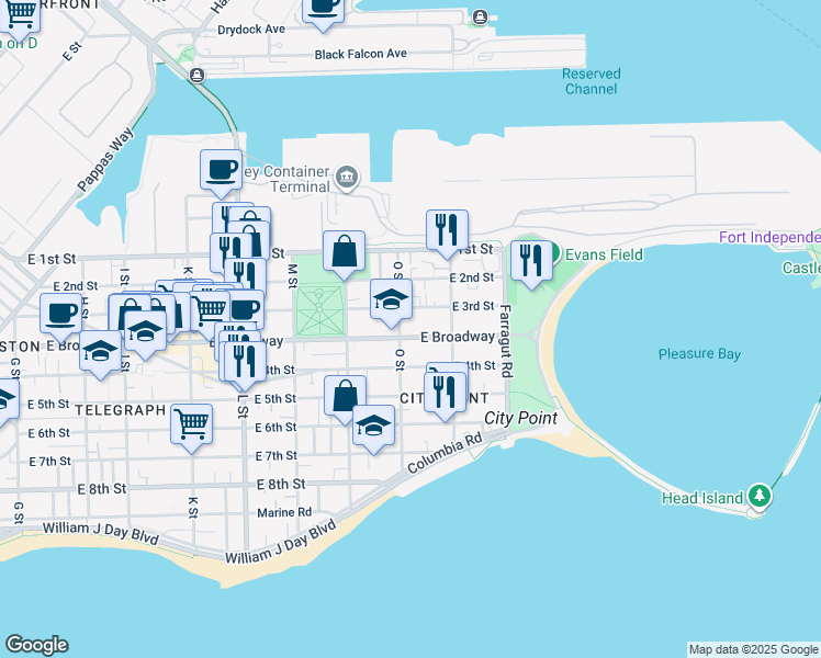 map of restaurants, bars, coffee shops, grocery stores, and more near 866 East Broadway in Boston