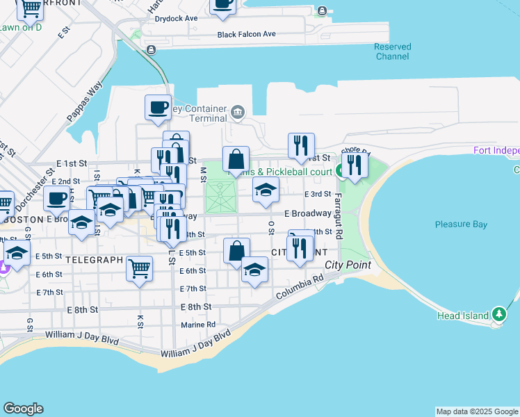 map of restaurants, bars, coffee shops, grocery stores, and more near 866 East Broadway in Boston