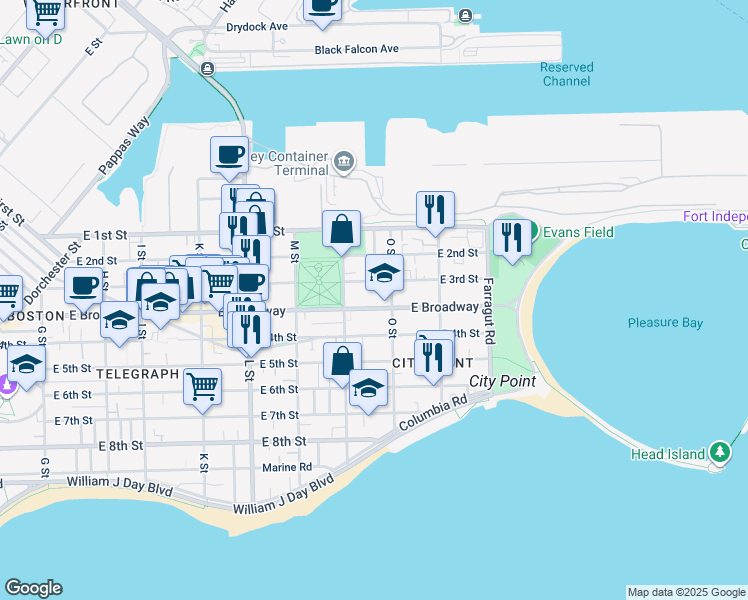 map of restaurants, bars, coffee shops, grocery stores, and more near 866 East Broadway in Boston