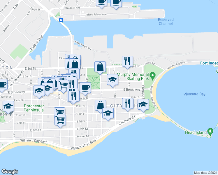 map of restaurants, bars, coffee shops, grocery stores, and more near 866 East Broadway in Boston