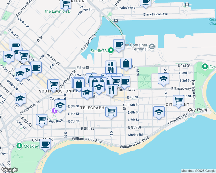 map of restaurants, bars, coffee shops, grocery stores, and more near 646 East Broadway in Boston