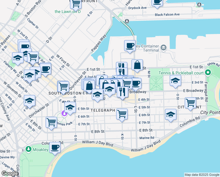 map of restaurants, bars, coffee shops, grocery stores, and more near 646 East Broadway in Boston