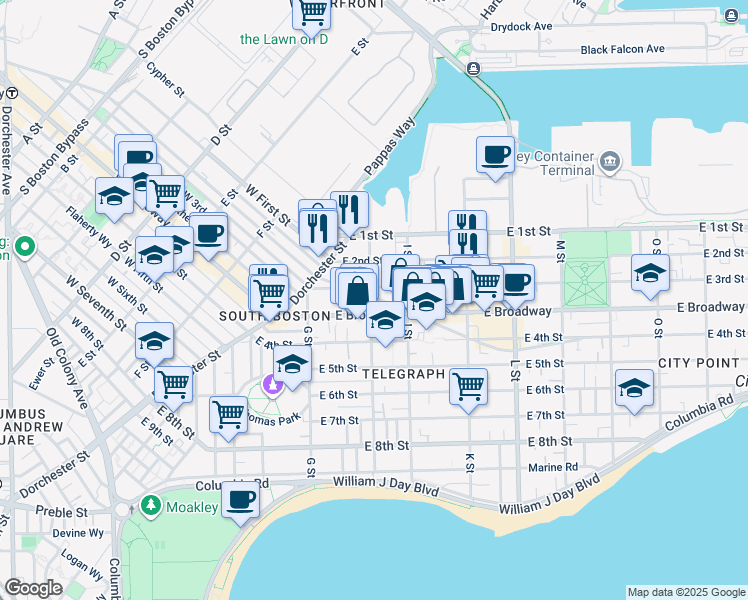 map of restaurants, bars, coffee shops, grocery stores, and more near 60 H Street in Boston