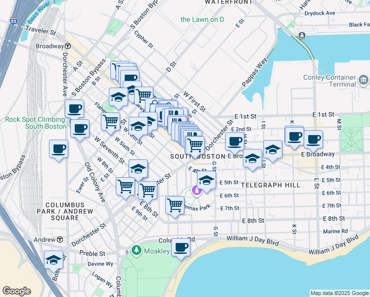 map of restaurants, bars, coffee shops, grocery stores, and more near 293 Silver Street in Boston