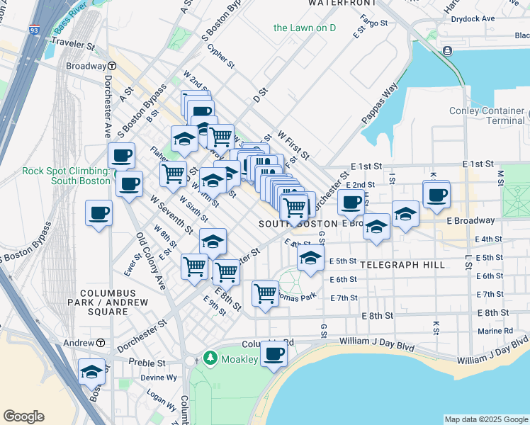 map of restaurants, bars, coffee shops, grocery stores, and more near 293 Silver Street in Boston