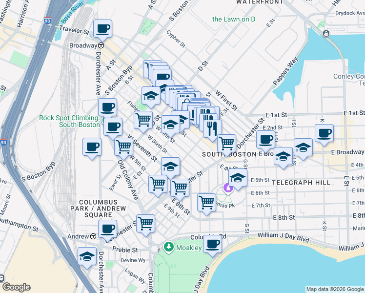map of restaurants, bars, coffee shops, grocery stores, and more near 223 West Fifth Street in Boston