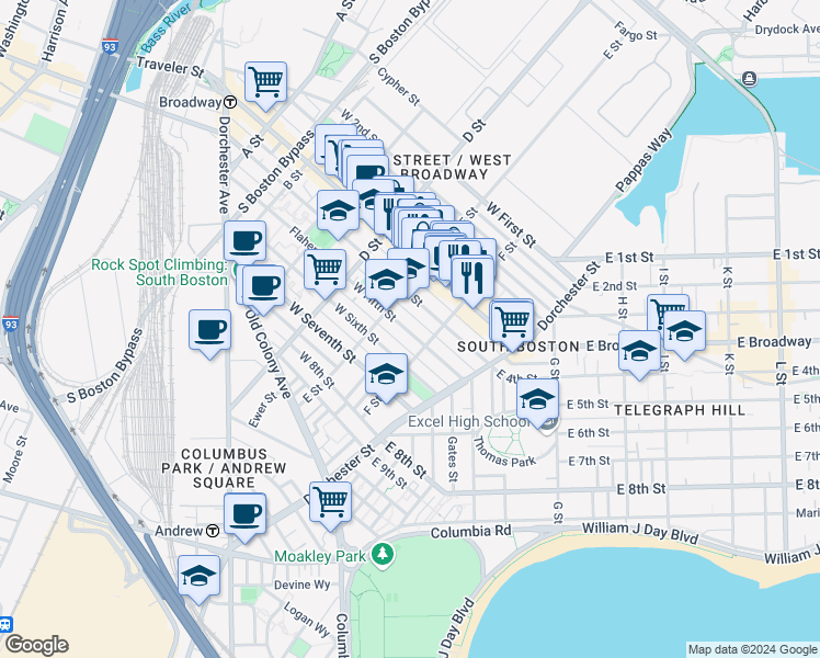 map of restaurants, bars, coffee shops, grocery stores, and more near 223 West Fifth Street in Boston