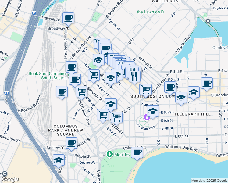map of restaurants, bars, coffee shops, grocery stores, and more near 223 West Fifth Street in Boston