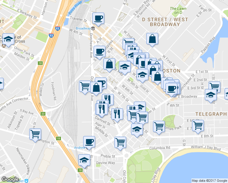 map of restaurants, bars, coffee shops, grocery stores, and more near 114 West Seventh Street in Boston