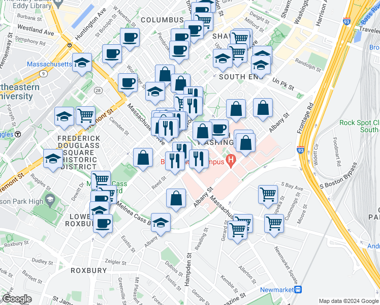 map of restaurants, bars, coffee shops, grocery stores, and more near 33 Worcester Square in Boston
