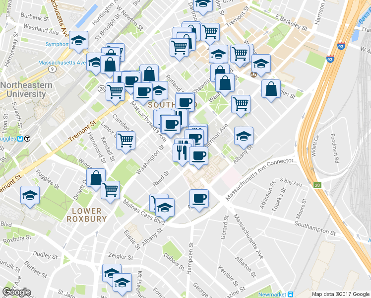 map of restaurants, bars, coffee shops, grocery stores, and more near 668 Massachusetts Avenue in Boston