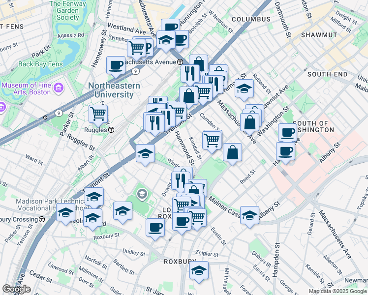 map of restaurants, bars, coffee shops, grocery stores, and more near 10 Sussex Street in Boston