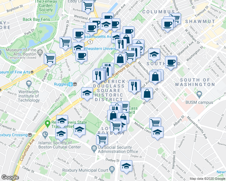 map of restaurants, bars, coffee shops, grocery stores, and more near 10 Sussex Street in Boston