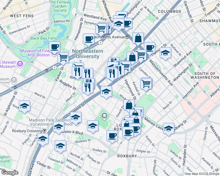 map of restaurants, bars, coffee shops, grocery stores, and more near 1065 Tremont Street in Boston
