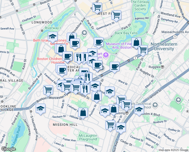 map of restaurants, bars, coffee shops, grocery stores, and more near 184 Longwood Avenue in Boston