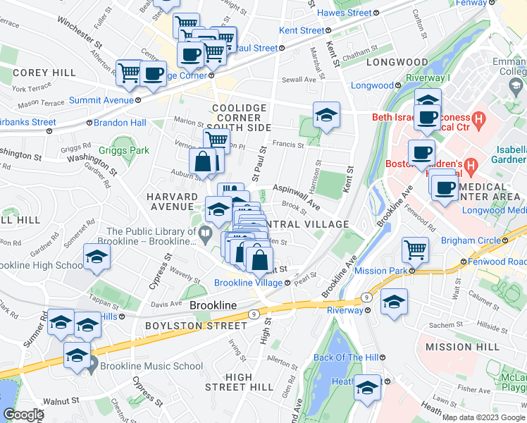map of restaurants, bars, coffee shops, grocery stores, and more near 13 Tabor Place in Brookline