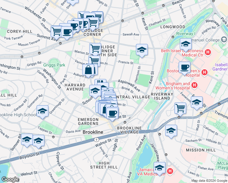 map of restaurants, bars, coffee shops, grocery stores, and more near 13 Tabor Place in Brookline