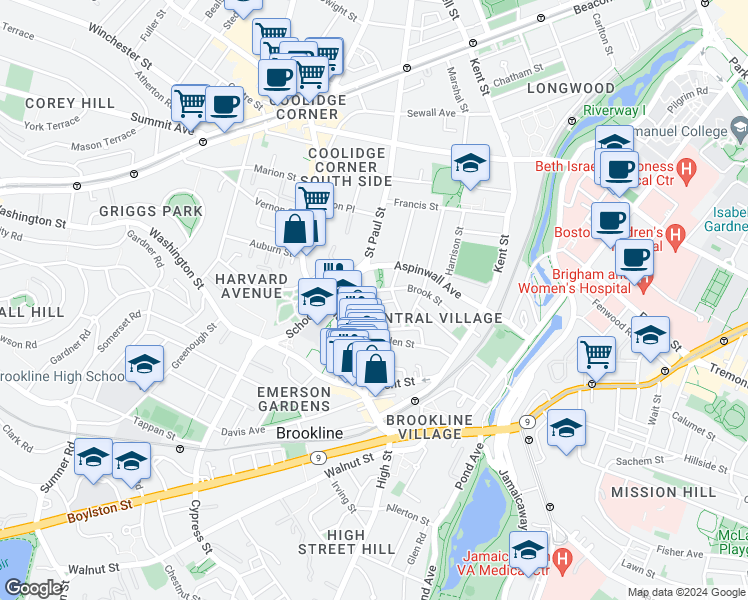 map of restaurants, bars, coffee shops, grocery stores, and more near 13 Tabor Place in Brookline