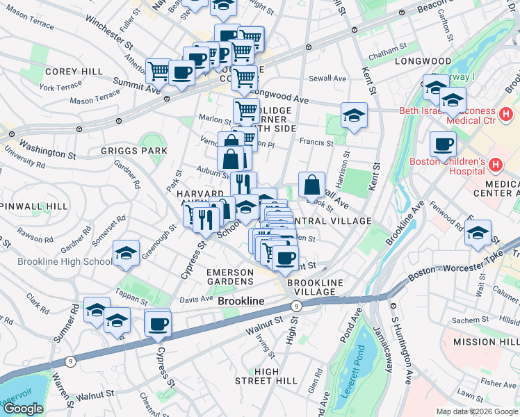 map of restaurants, bars, coffee shops, grocery stores, and more near 14 Homer Street in Brookline