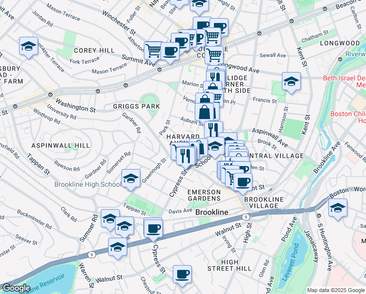 map of restaurants, bars, coffee shops, grocery stores, and more near 54 Harvard Avenue in Brookline